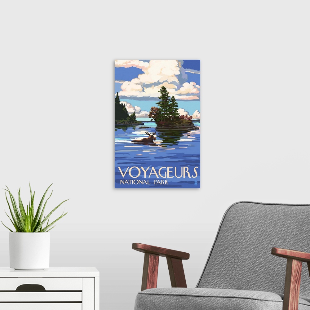A modern room featuring Voyageurs National Park, Moose Swimming: Retro Travel Poster