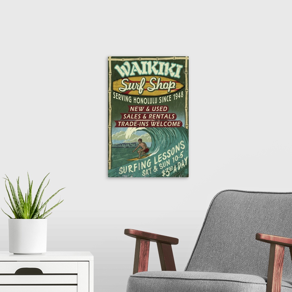 A modern room featuring Waikiki Beach, Hawaii - Surf Shop Vintage Sign: Retro Travel Poster