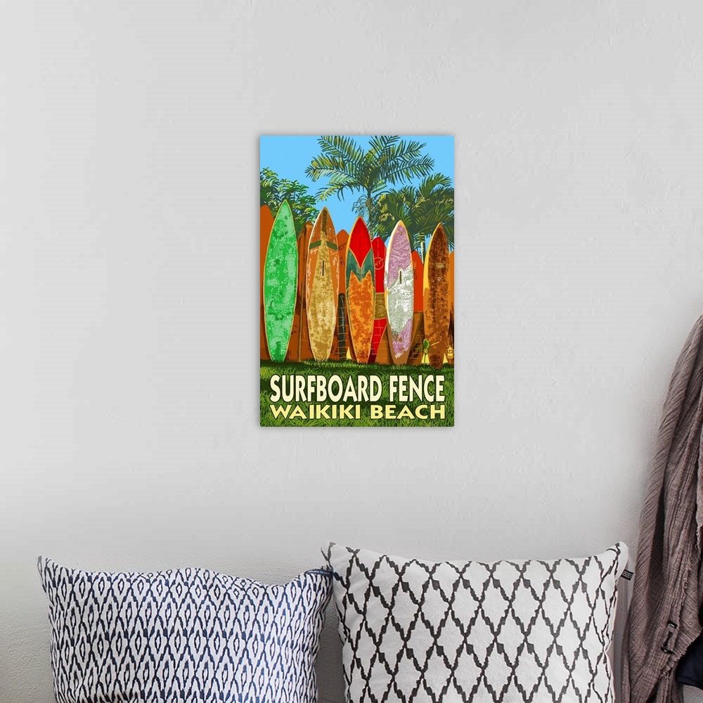 A bohemian room featuring Waikiki Beach, Hawaii - Surfboard Fence: Retro Travel Poster