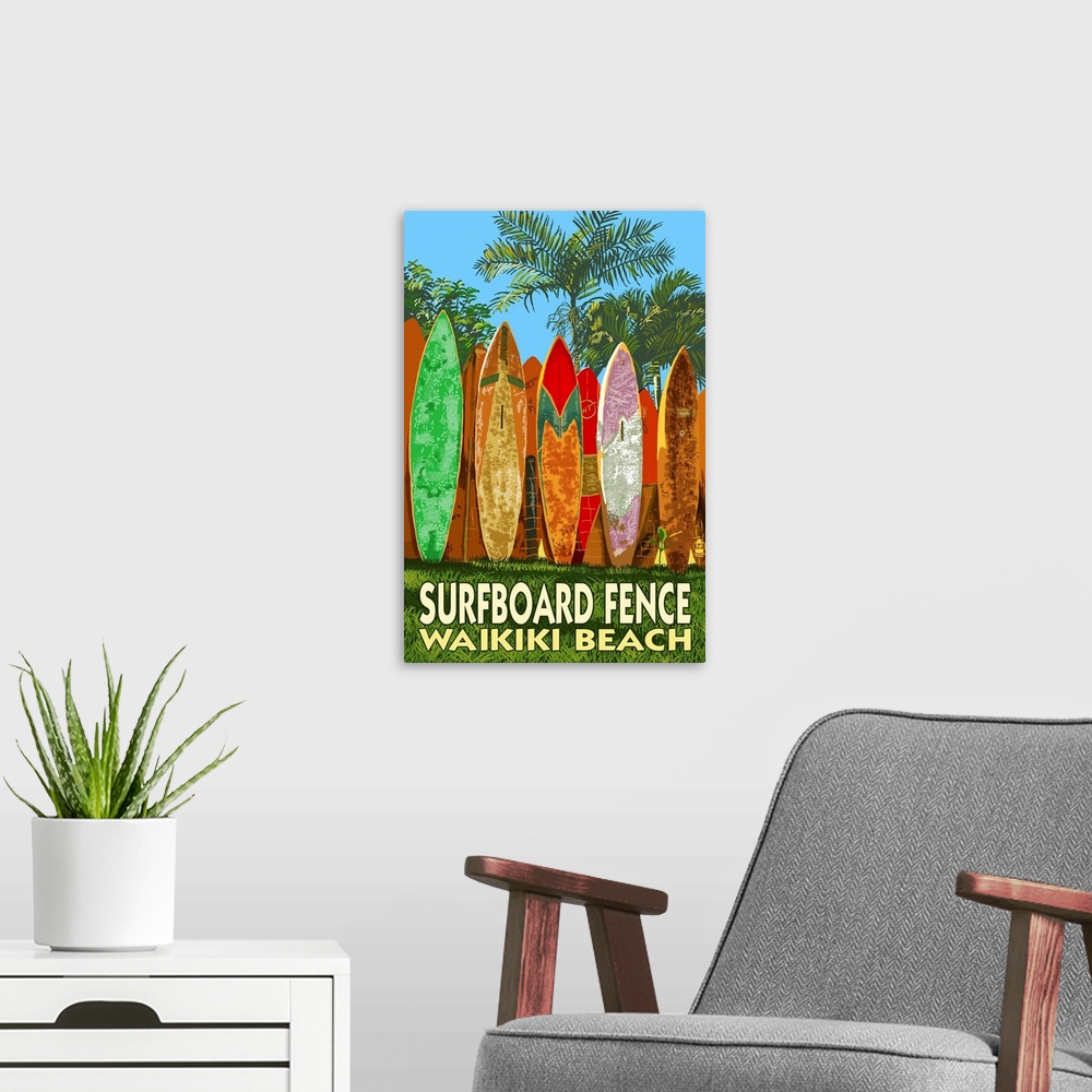 A modern room featuring Waikiki Beach, Hawaii - Surfboard Fence: Retro Travel Poster
