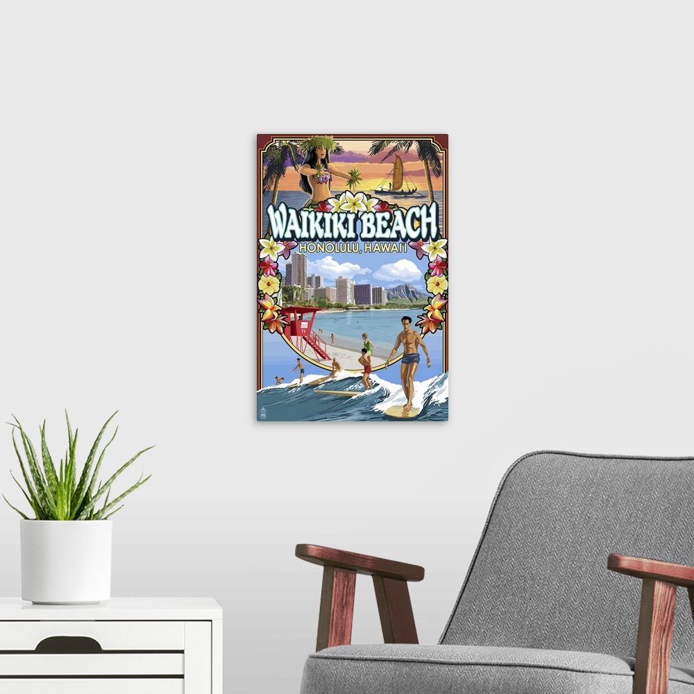 A modern room featuring Waikiki Beach, Oahu, Hawaii - Scenes: Retro Travel Poster