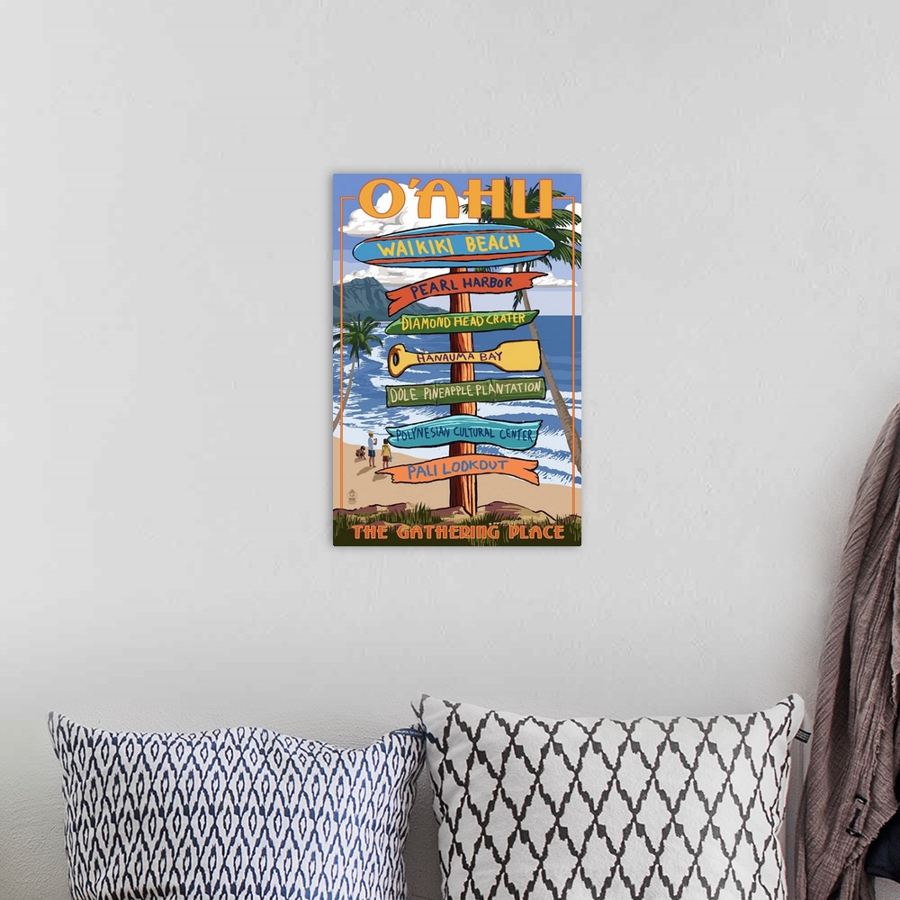 A bohemian room featuring Waikiki Beach, Oahu, Hawaii - Sign Destinations: Retro Travel Poster