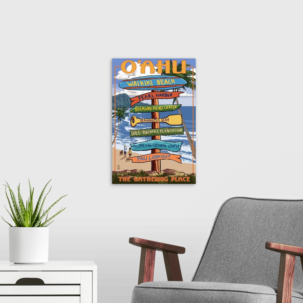 A modern room featuring Waikiki Beach, Oahu, Hawaii - Sign Destinations: Retro Travel Poster
