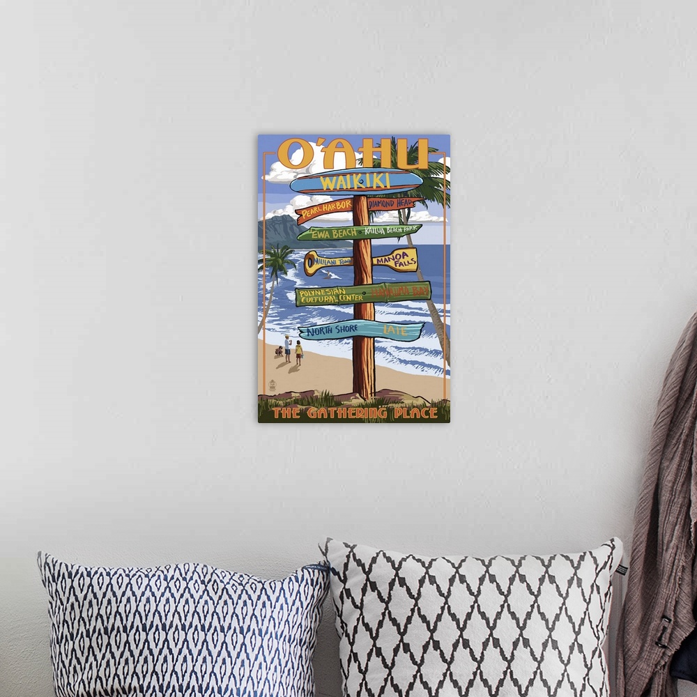 A bohemian room featuring Waikiki, Oahu, Hawaii - Sign Destinations: Retro Travel Poster