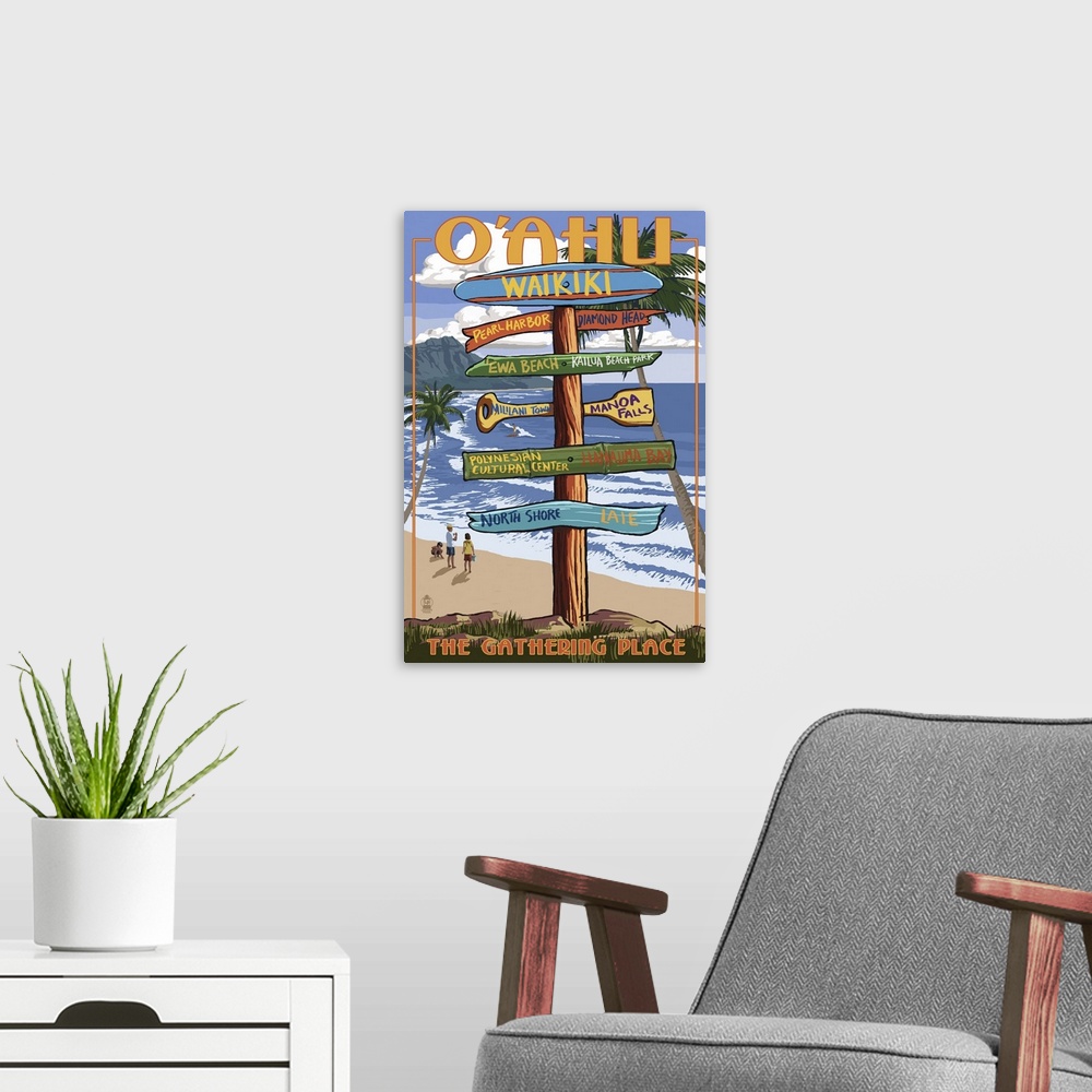 A modern room featuring Waikiki, Oahu, Hawaii - Sign Destinations: Retro Travel Poster