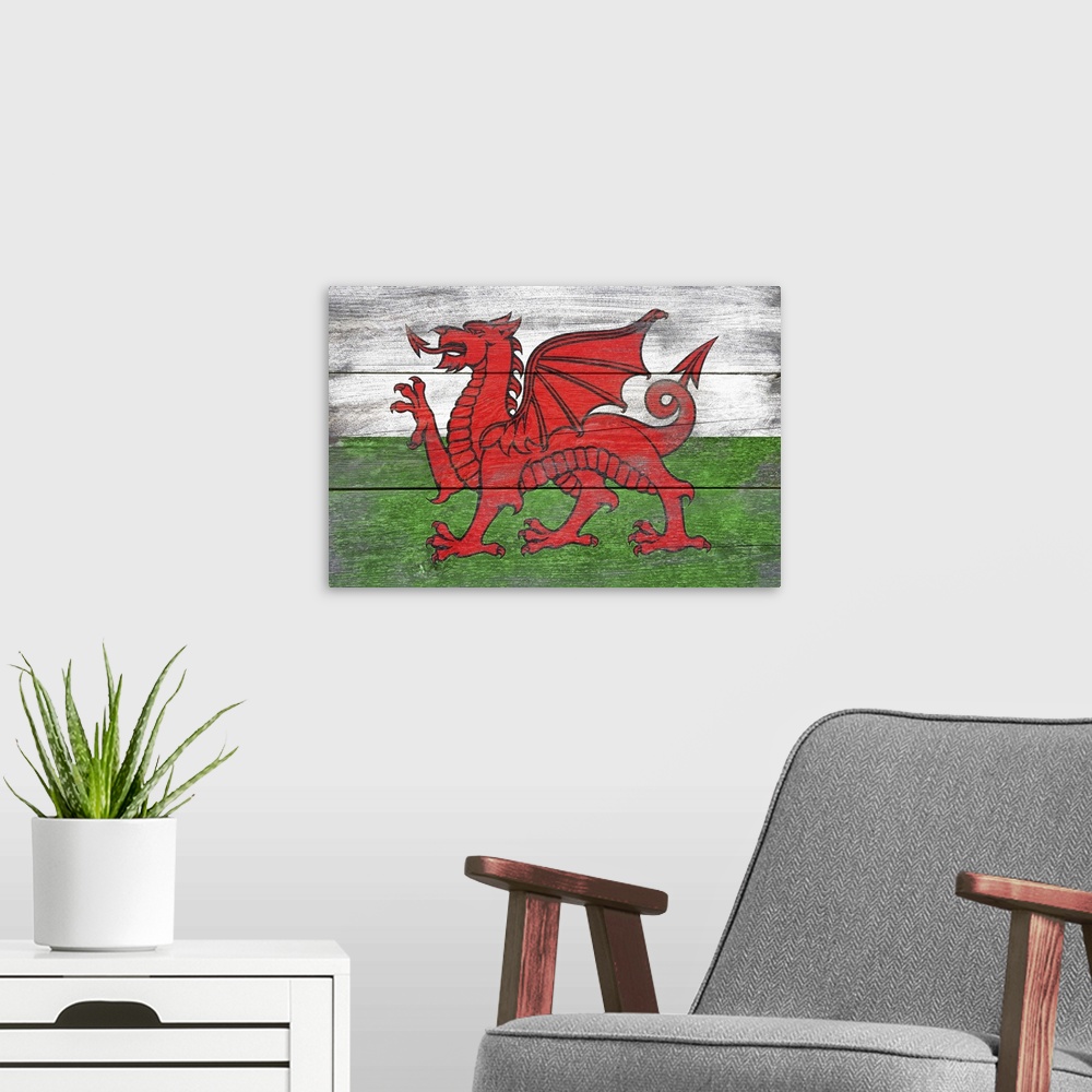 A modern room featuring The flag of Wales with a weathered wooden board effect.