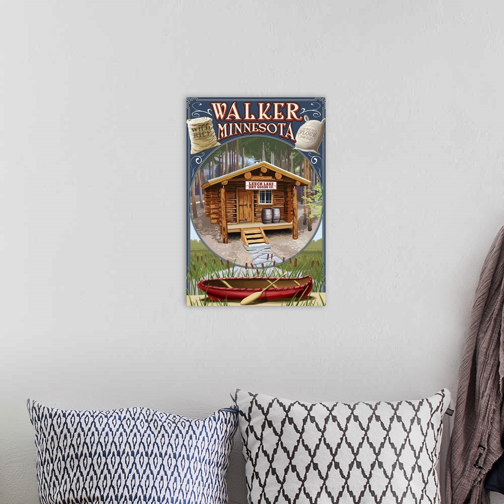 A bohemian room featuring Retro stylized art poster of a cabin in a forest with a canoe in the foreground of the image.