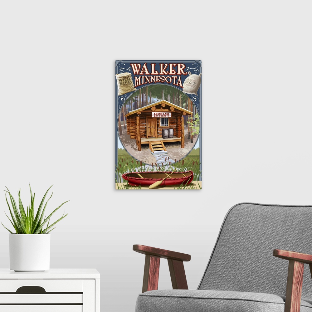 A modern room featuring Retro stylized art poster of a cabin in a forest with a canoe in the foreground of the image.