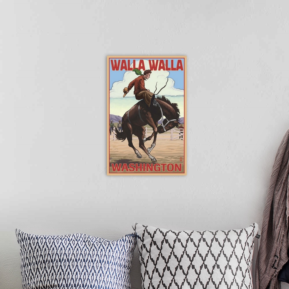 A bohemian room featuring Walla Walla, Washington - Bronco Bucking: Retro Travel Poster