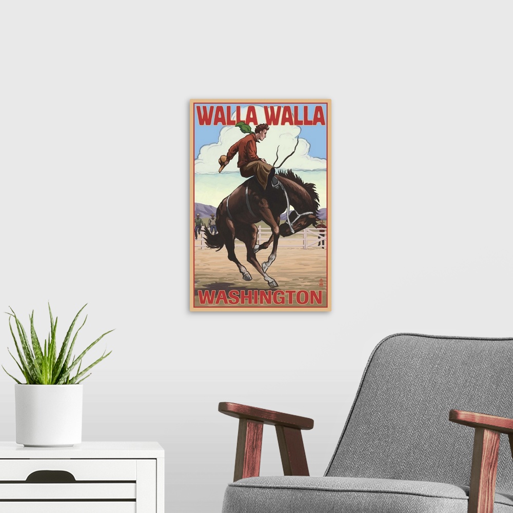 A modern room featuring Walla Walla, Washington - Bronco Bucking: Retro Travel Poster