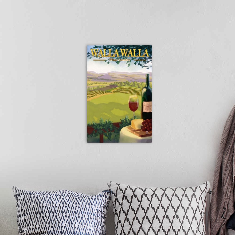 A bohemian room featuring Walla Walla Wine Country: Retro Travel Poster