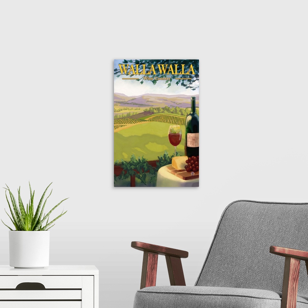 A modern room featuring Walla Walla Wine Country: Retro Travel Poster