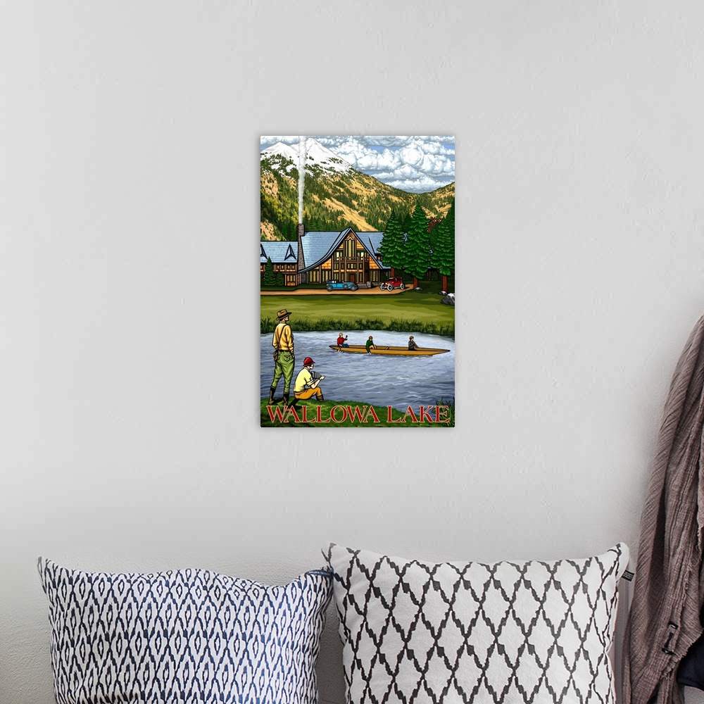 A bohemian room featuring Wallowa Lake, OR - Lodge and Lake Scene: Retro Travel Poster
