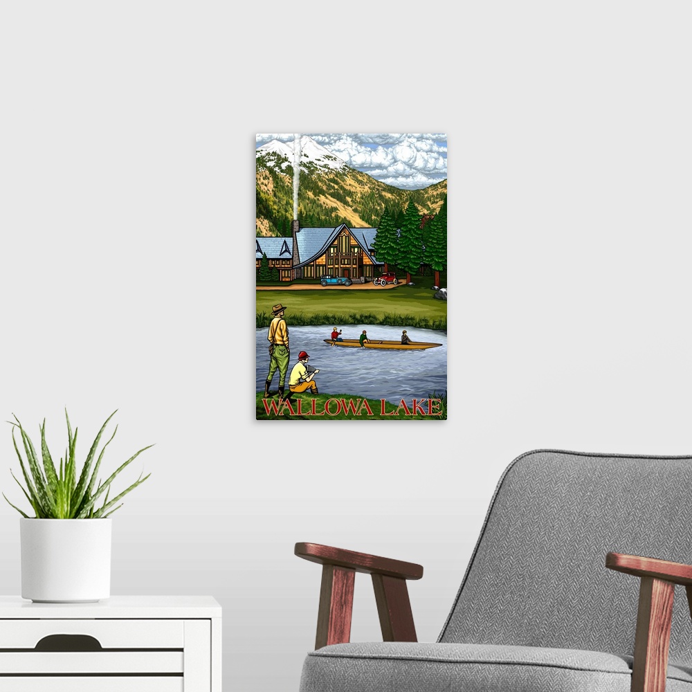 A modern room featuring Wallowa Lake, OR - Lodge and Lake Scene: Retro Travel Poster