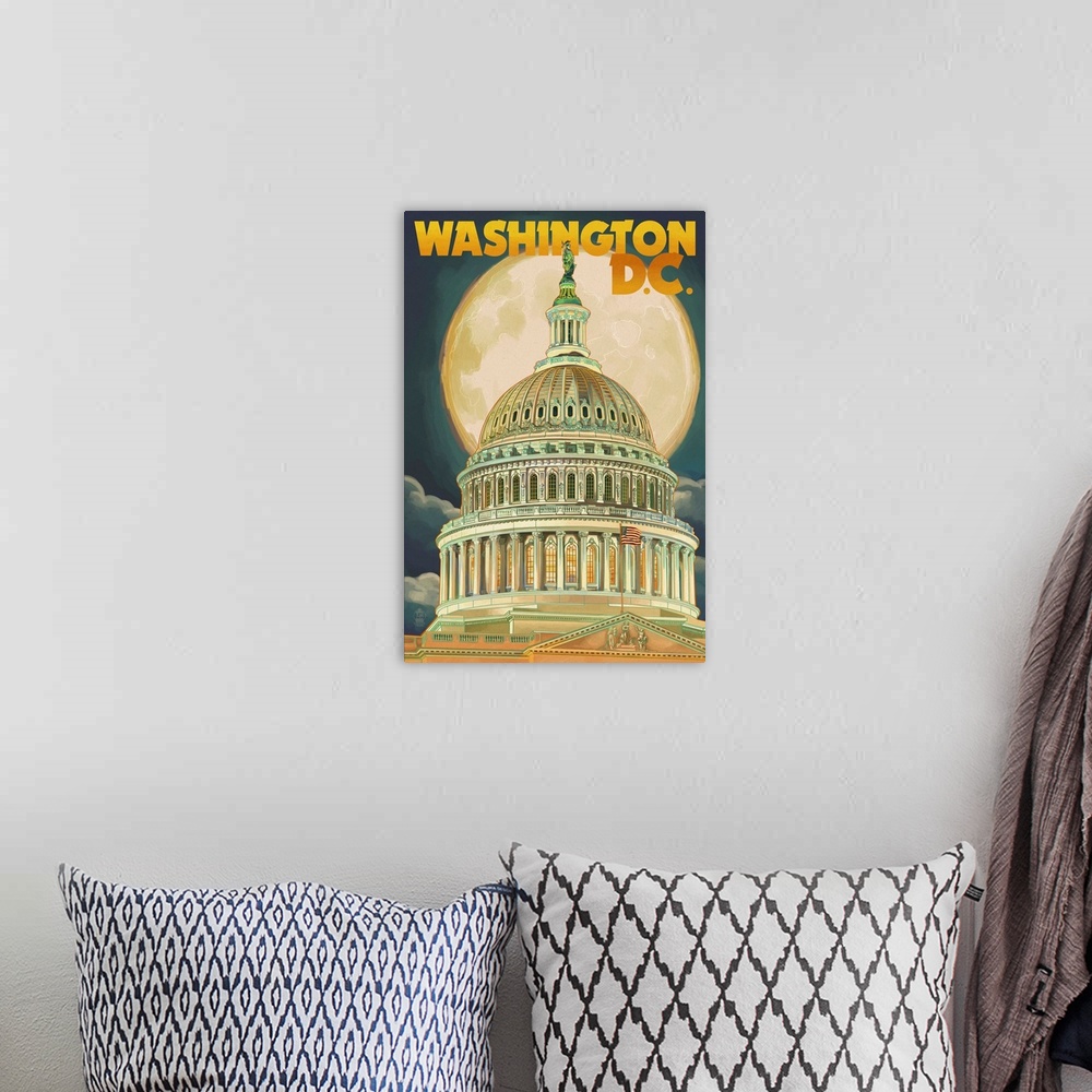 A bohemian room featuring Washington, DC - Capitol Building and Moon: Retro Travel Poster