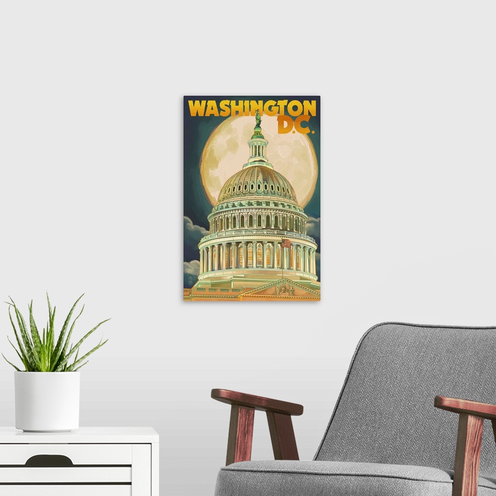 A modern room featuring Washington, DC - Capitol Building and Moon: Retro Travel Poster