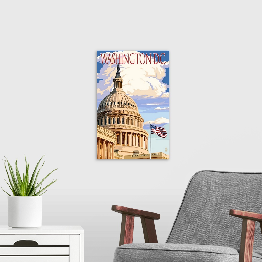 A modern room featuring Washington, DC - Capitol Building: Retro Travel Poster