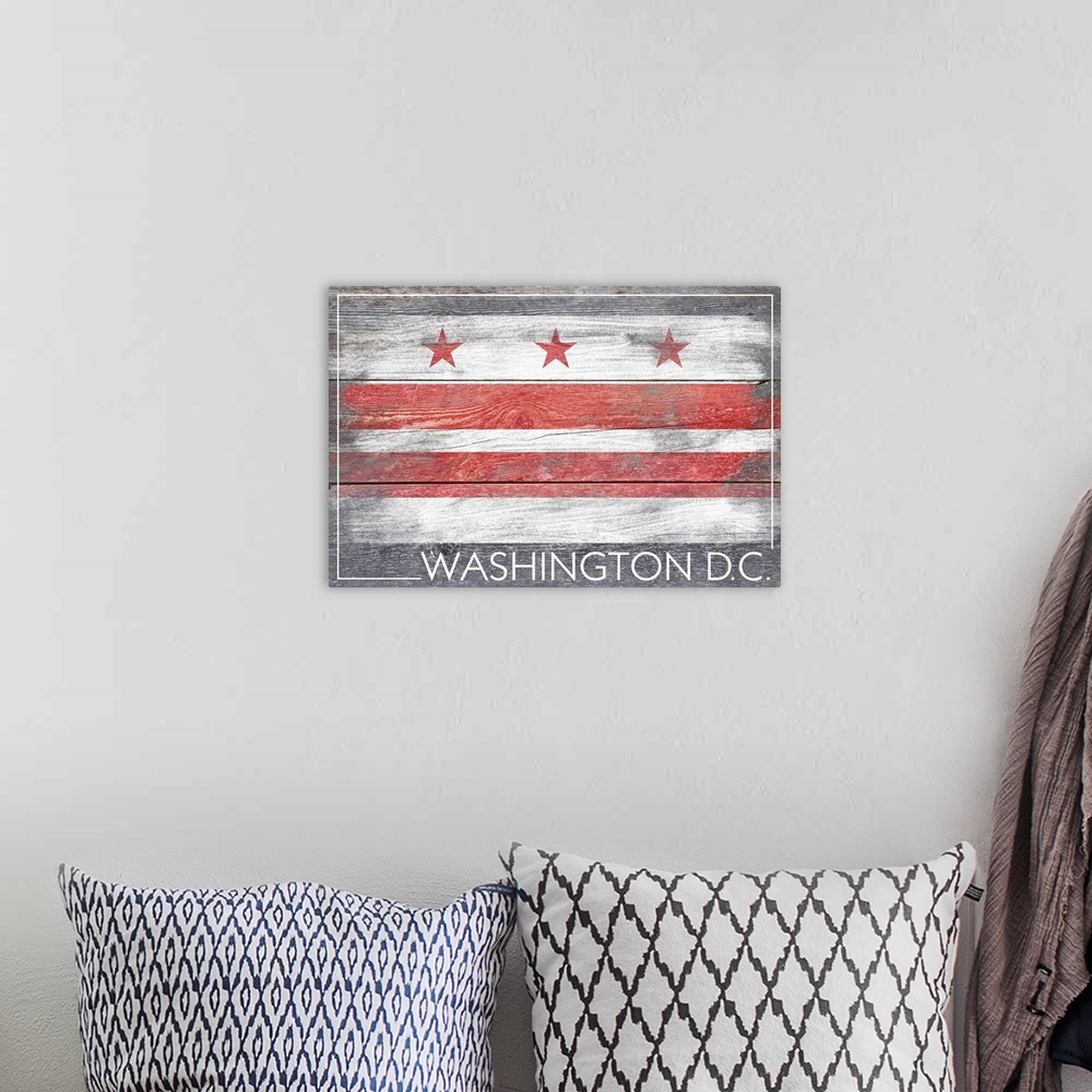 A bohemian room featuring The flag of Washington DC with a weathered wooden board effect.