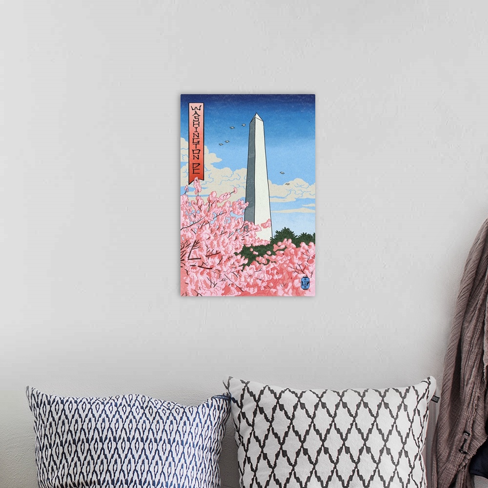 A bohemian room featuring Washington, DC - Washington Monument - Cherry Blossoms (#2) - Woodblock