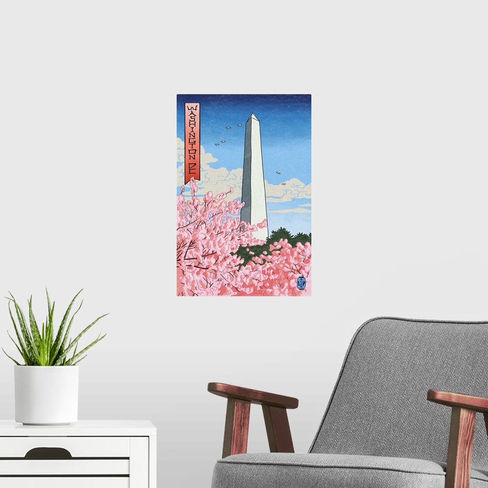 A modern room featuring Washington, DC - Washington Monument - Cherry Blossoms (#2) - Woodblock