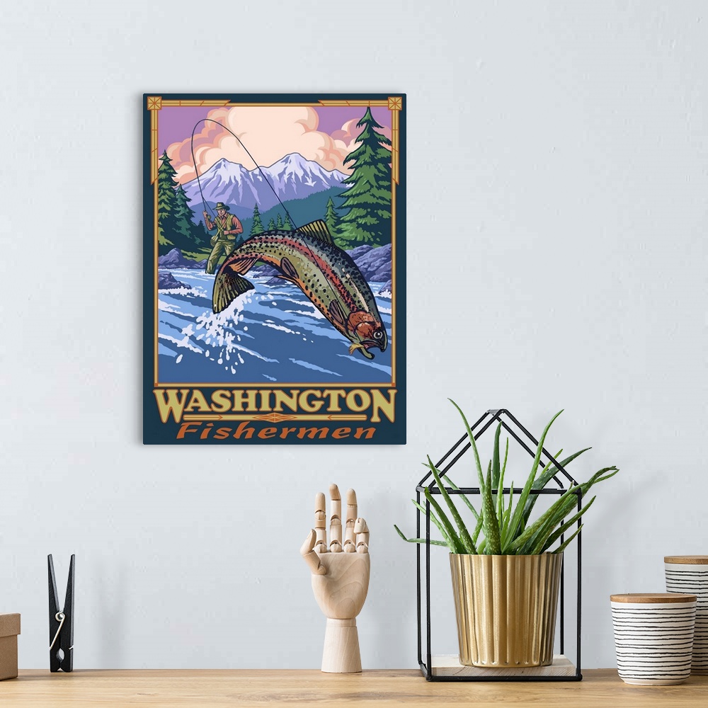 A bohemian room featuring Washington Fisherman: Retro Travel Poster