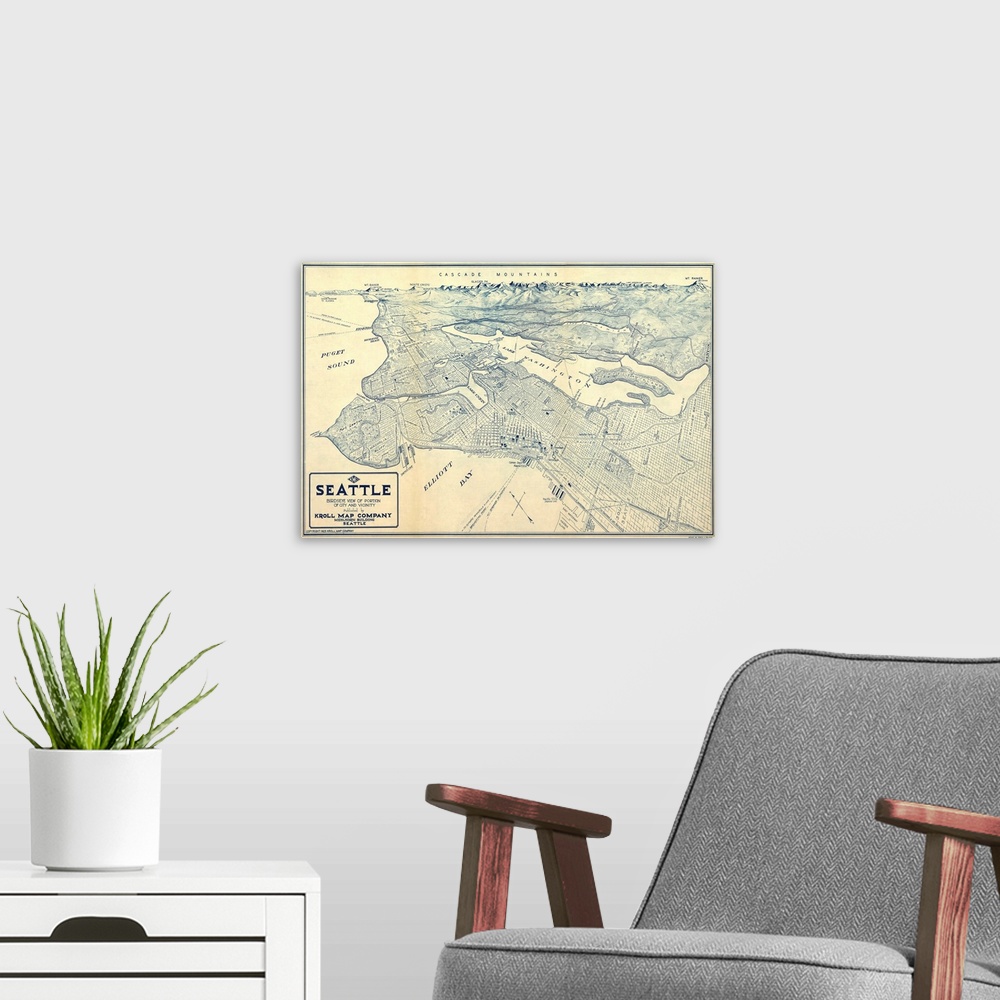 A modern room featuring Vintage map of the Seattle area, Washington.