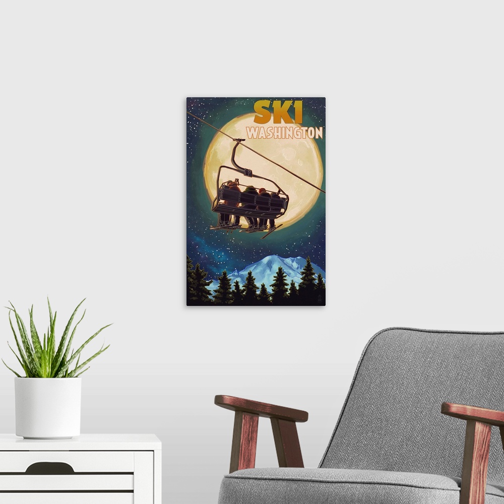 A modern room featuring Washington - Ski Lift and Full Moon: Retro Travel Poster