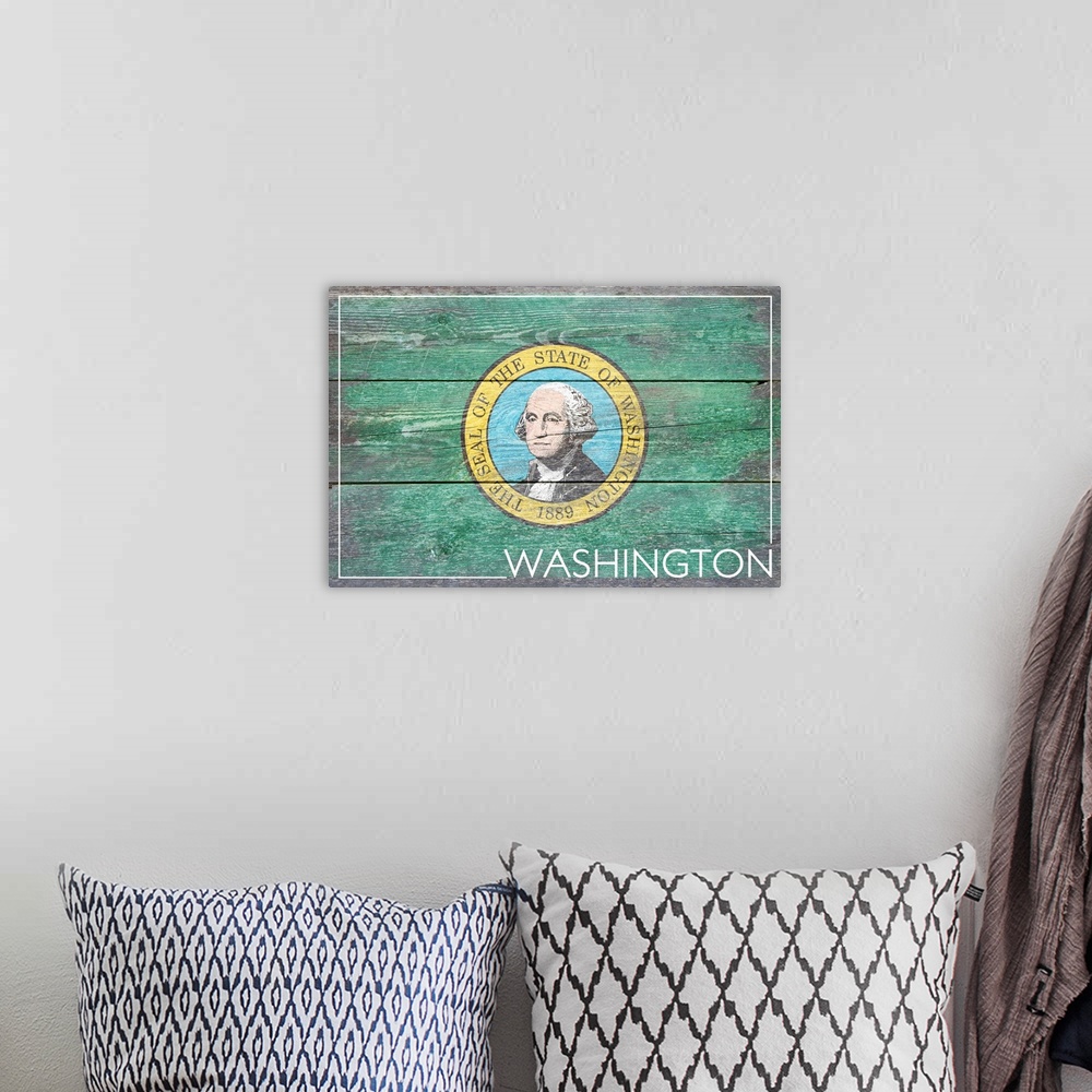 A bohemian room featuring The flag of Washington with a weathered wooden board effect.