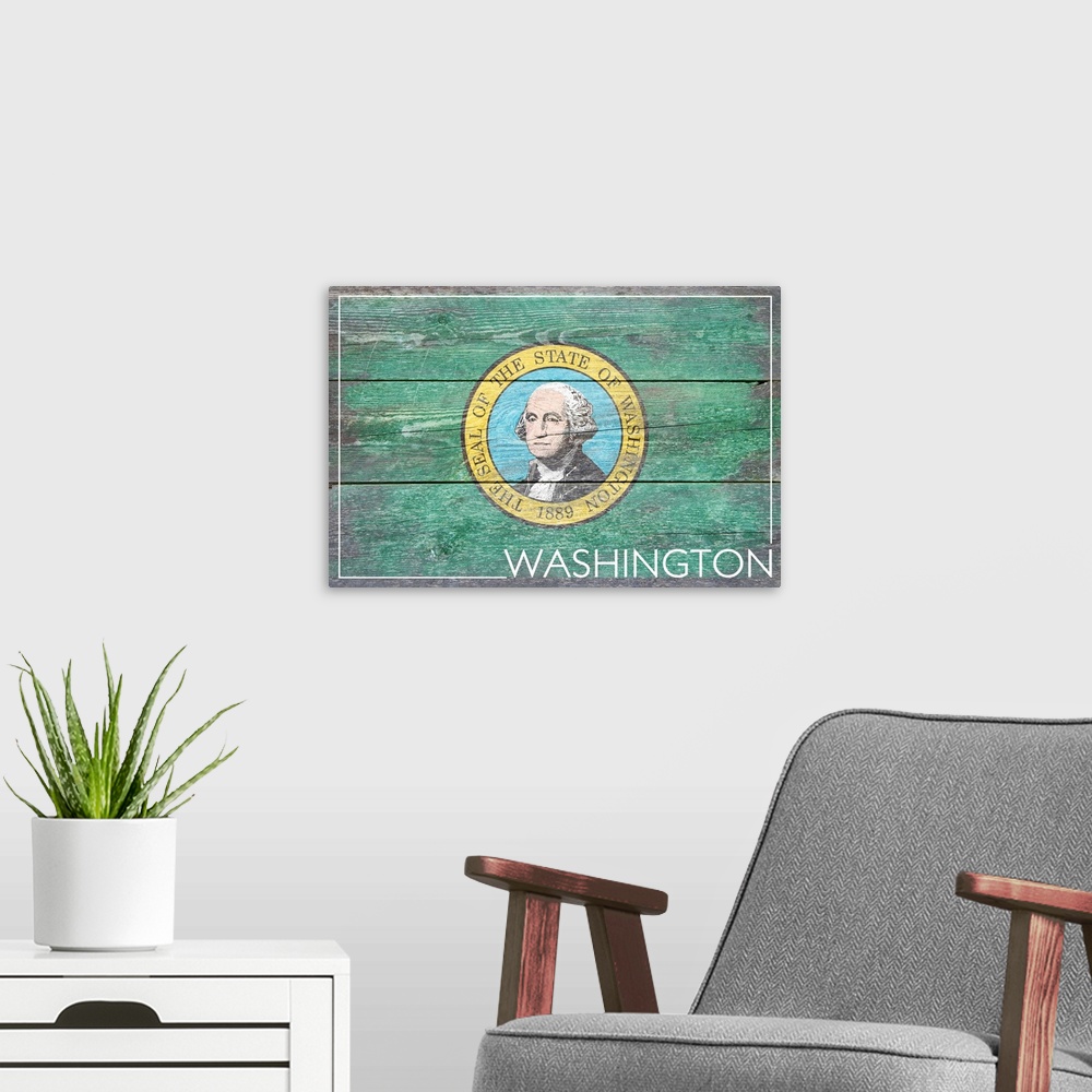 A modern room featuring The flag of Washington with a weathered wooden board effect.