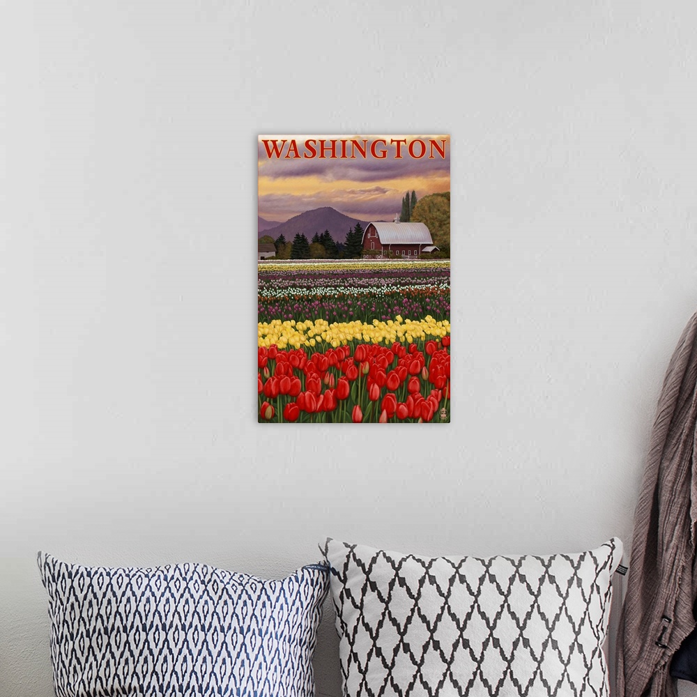 A bohemian room featuring Washington - Tulip Fields: Retro Travel Poster