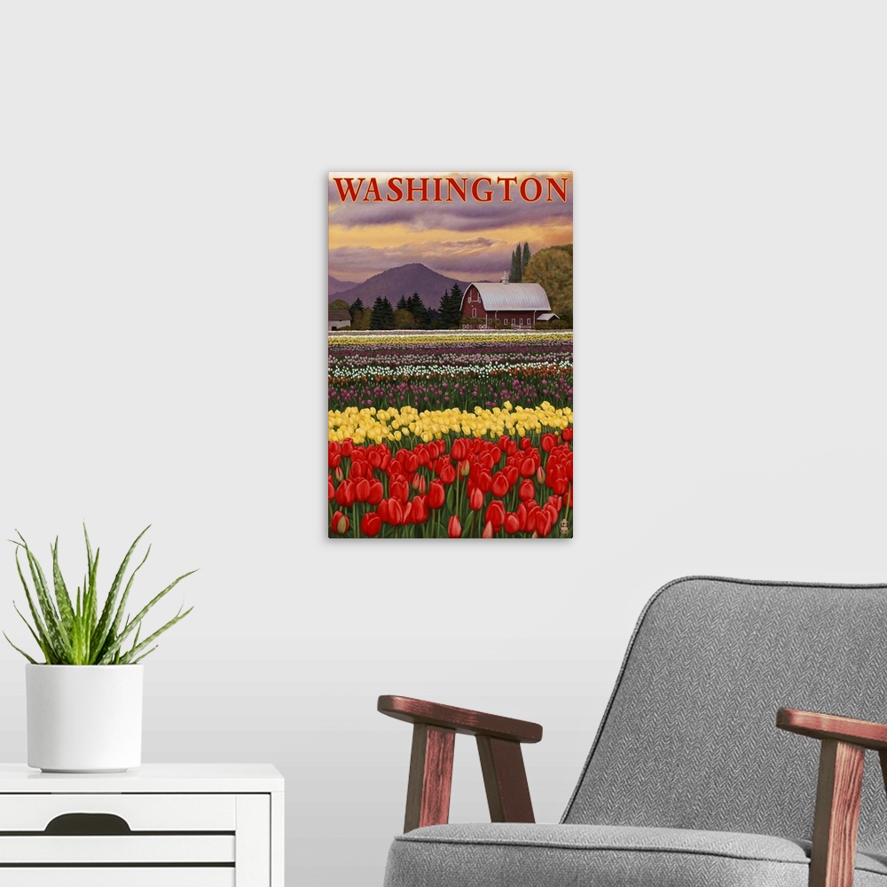 A modern room featuring Washington - Tulip Fields: Retro Travel Poster