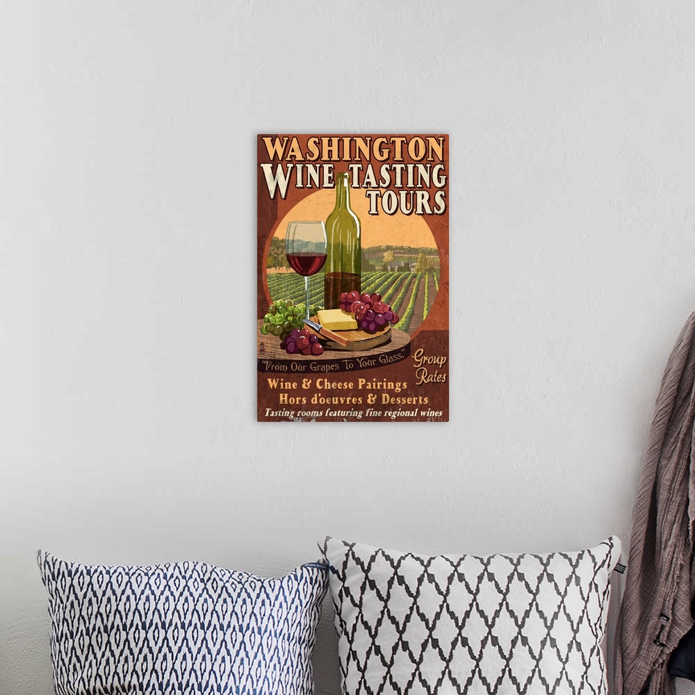 A bohemian room featuring Retro stylized art poster of a glass of red wine with cheese and grapes. With a vineyard in the b...