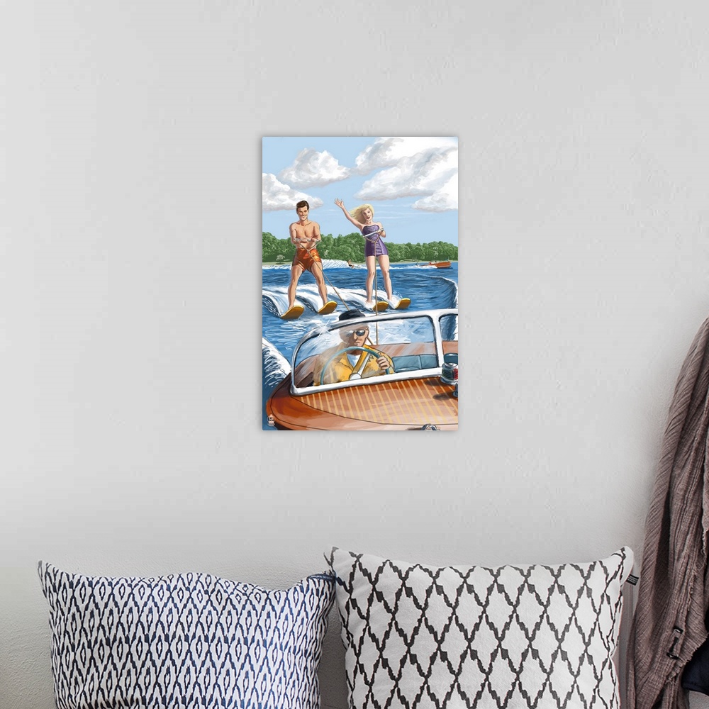 A bohemian room featuring Water Skiing and Wooden Boat (Hill Background): Retro Poster Art