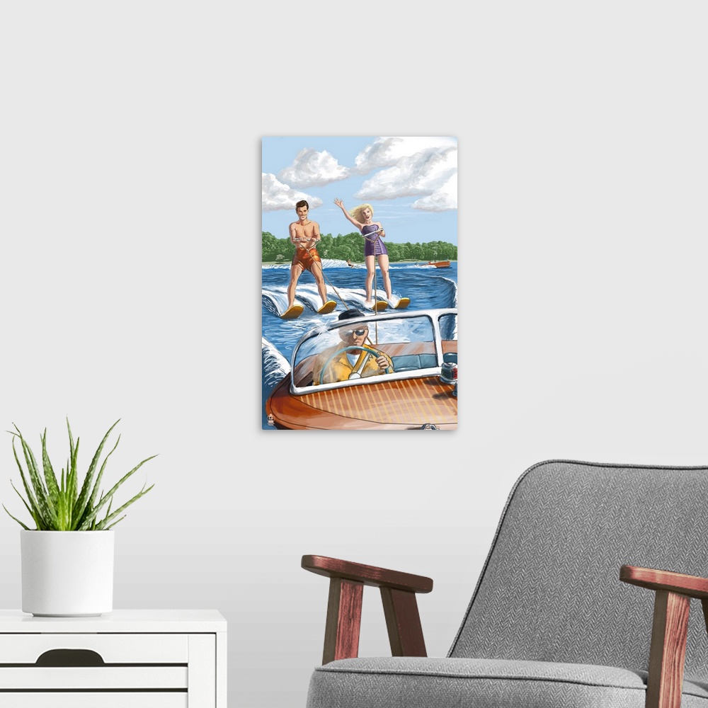 A modern room featuring Water Skiing and Wooden Boat (Hill Background): Retro Poster Art