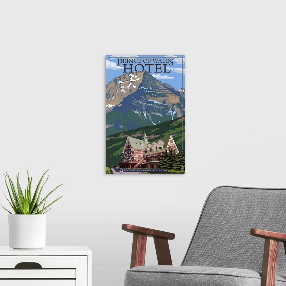 A modern room featuring Waterton Lakes National Park, Canada - Prince of Wales Hotel: Retro Travel Poster
