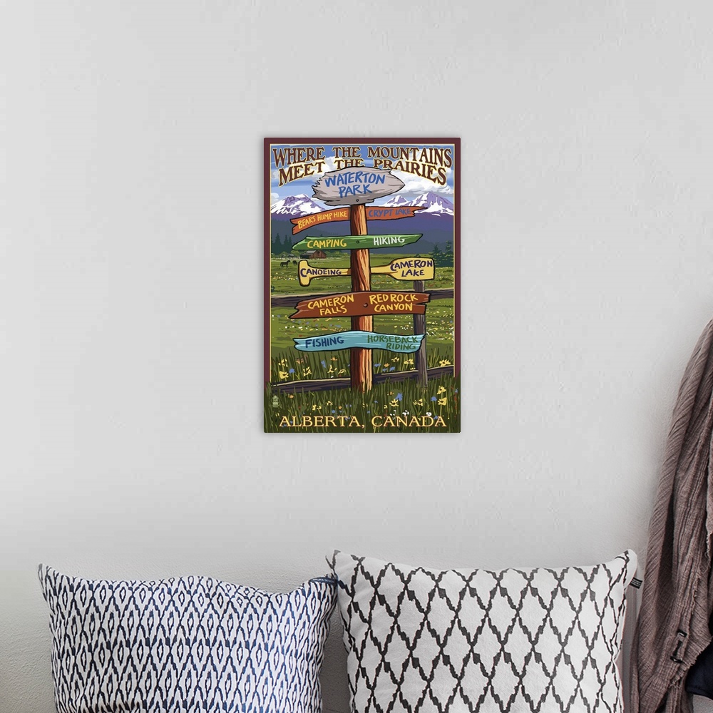 A bohemian room featuring Waterton Lakes National Park, Canada - Sign Destination: Retro Travel Poster