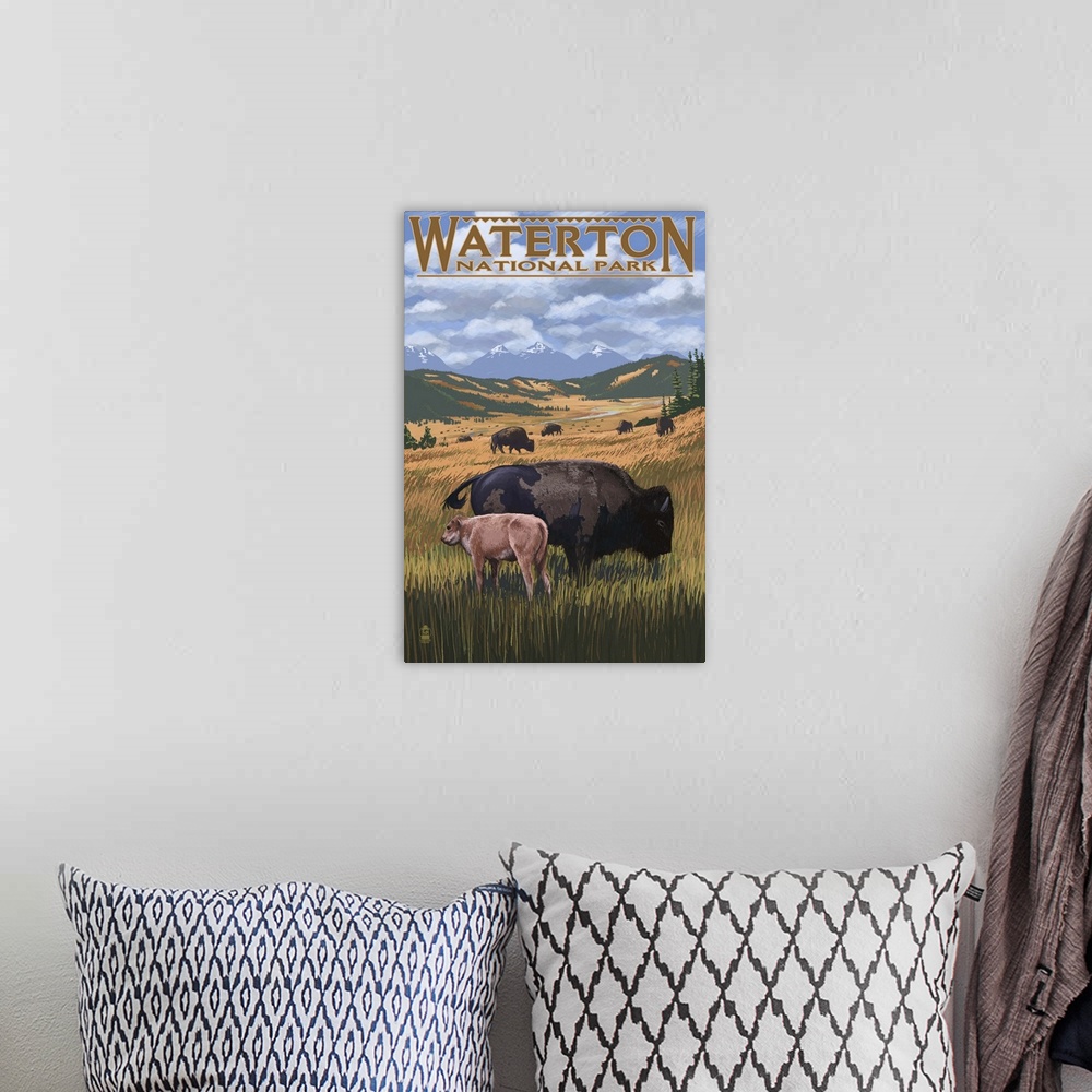 A bohemian room featuring Retro stylized art poster of a mother bison and calf grazing on wide open plains.
