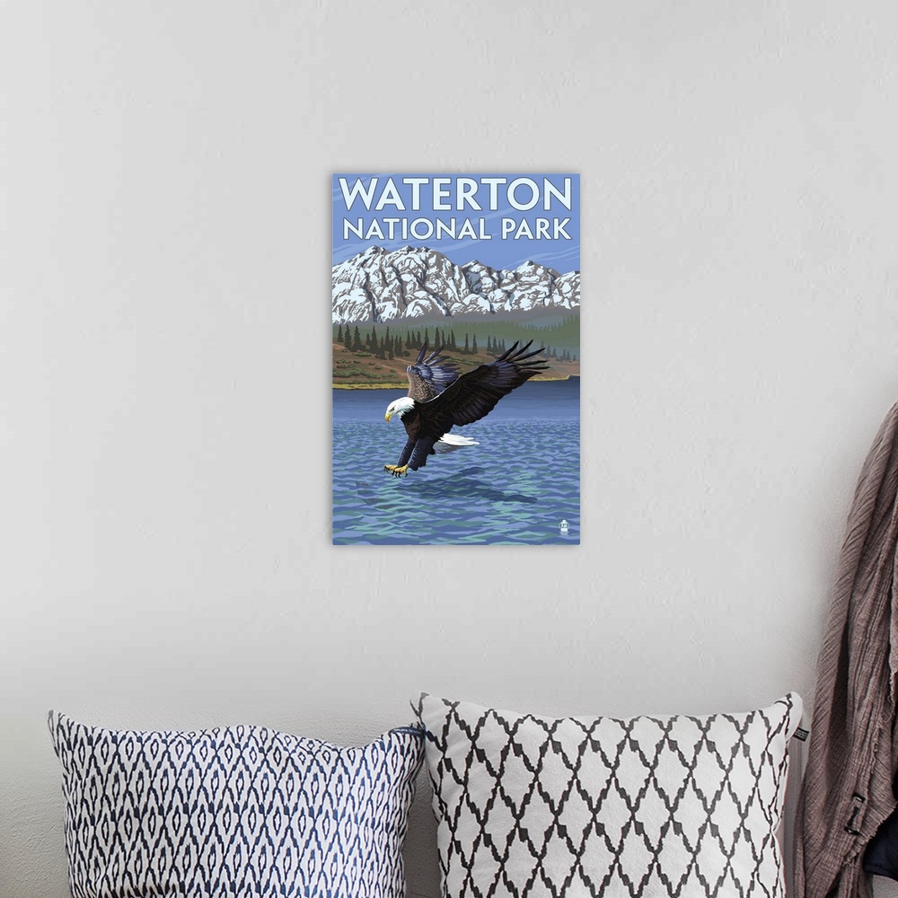 A bohemian room featuring Waterton National Park, Canada - Eagle Fishing: Retro Travel Poster