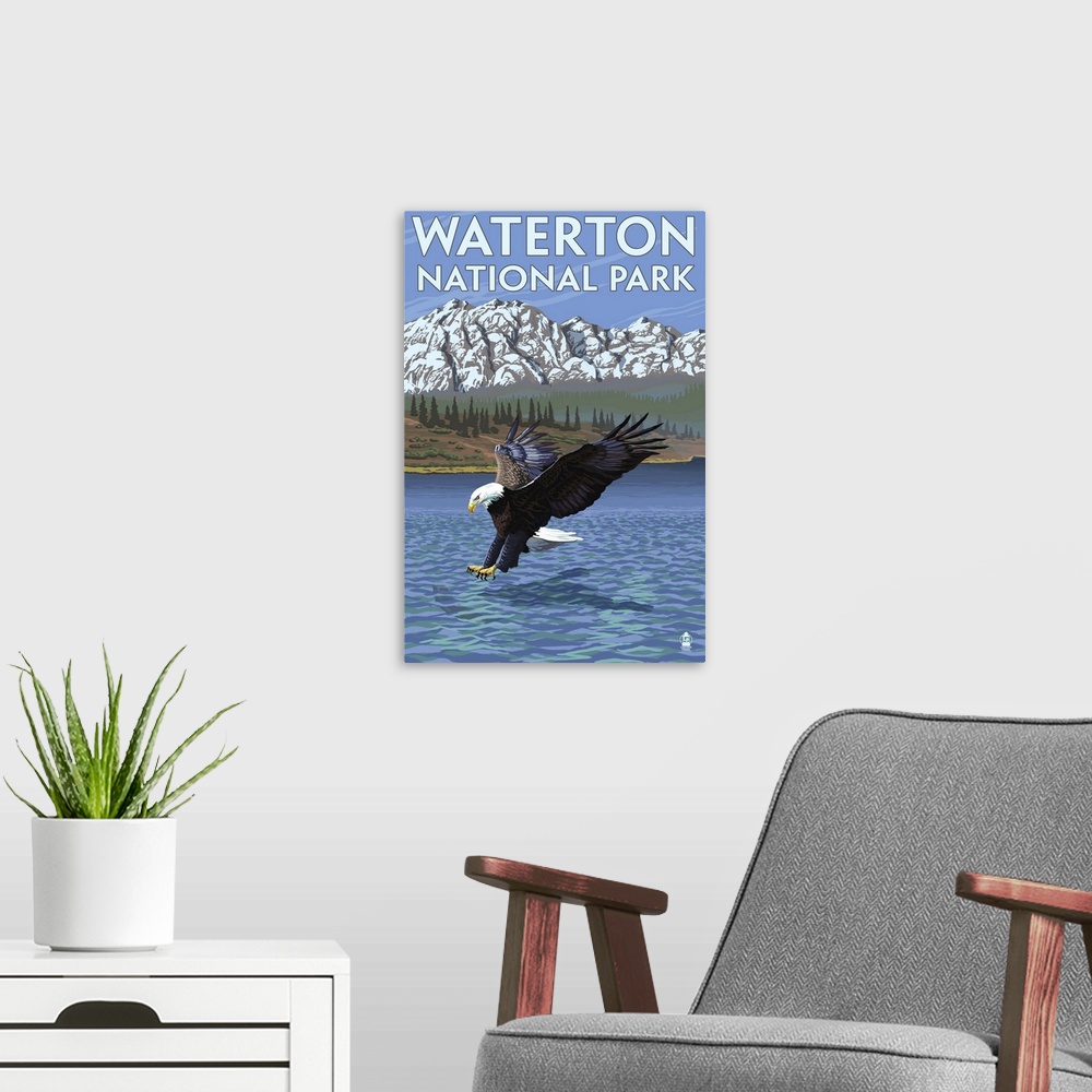 A modern room featuring Waterton National Park, Canada - Eagle Fishing: Retro Travel Poster