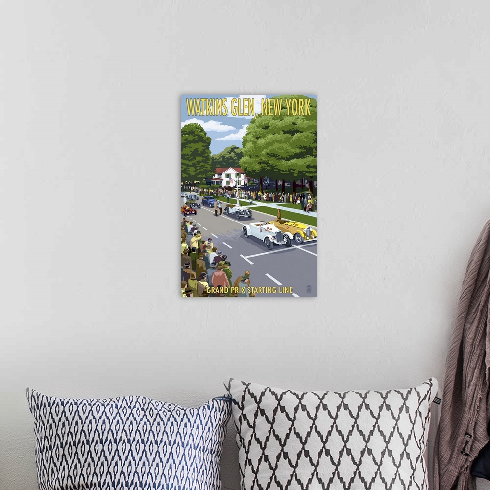 A bohemian room featuring Watkins Glen State Park, New York - Grand Prix Starting Line: Retro Travel Poster