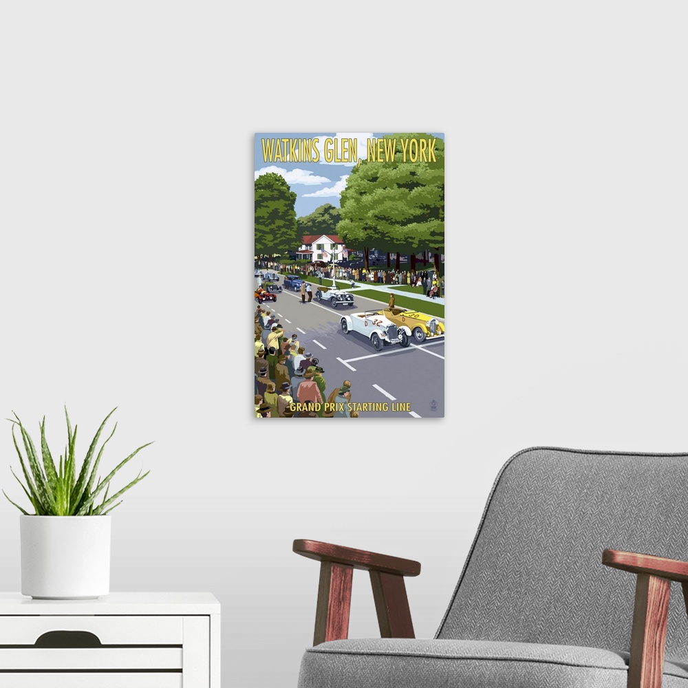 A modern room featuring Watkins Glen State Park, New York - Grand Prix Starting Line: Retro Travel Poster