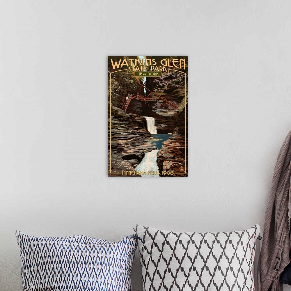 A bohemian room featuring Watkins Glen State Park, New York - Minnehaha Falls: Retro Travel Poster
