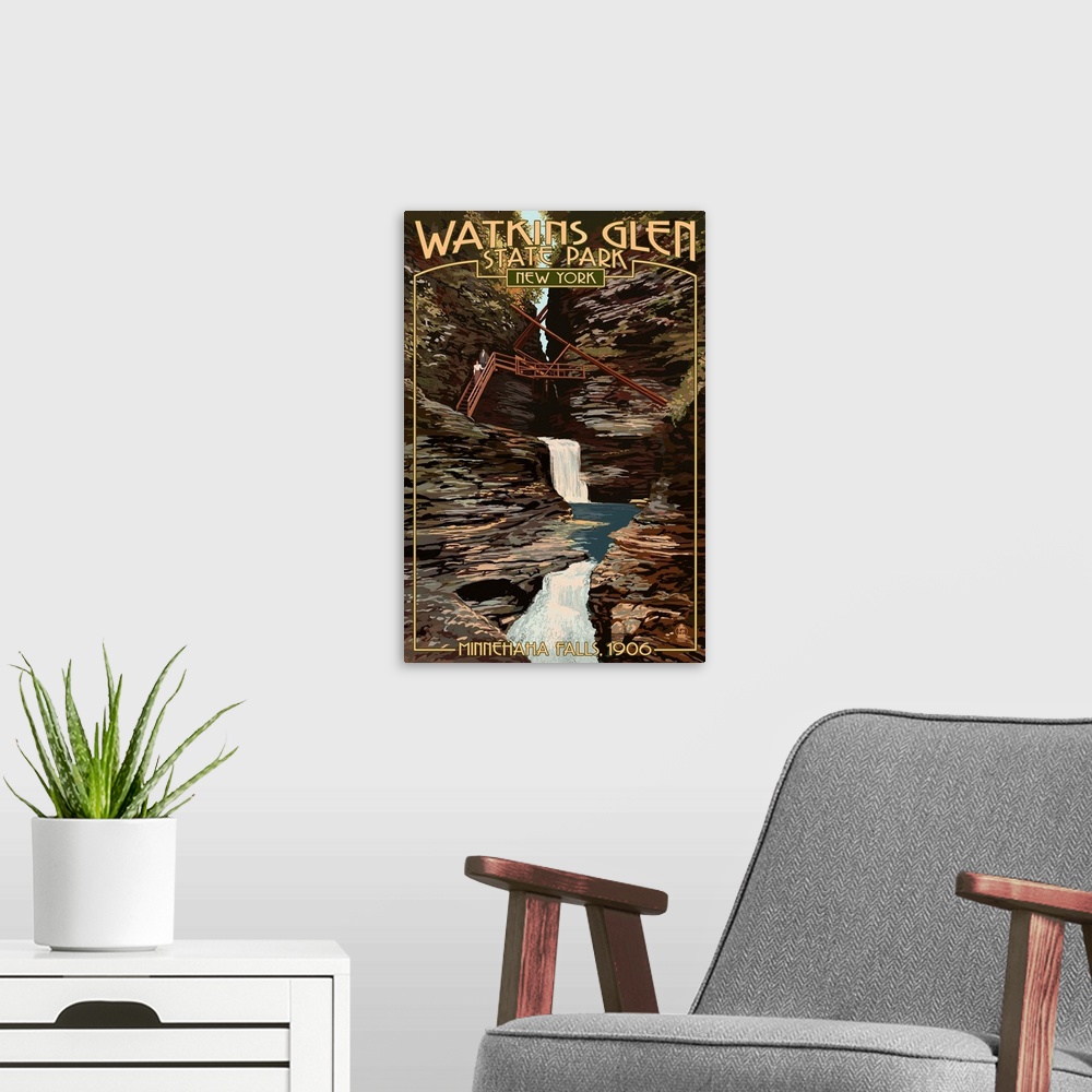 A modern room featuring Watkins Glen State Park, New York - Minnehaha Falls: Retro Travel Poster