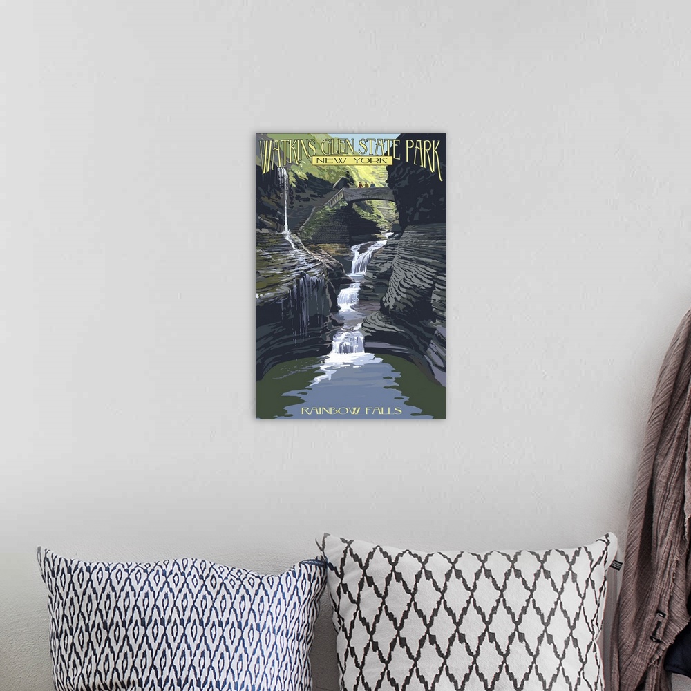 A bohemian room featuring Watkins Glen State Park, New York - Rainbow Falls: Retro Travel Poster