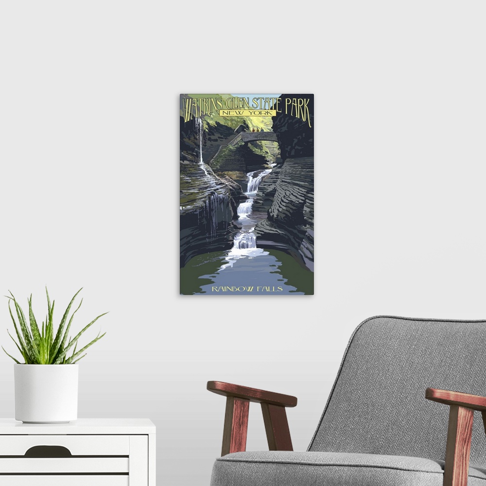 A modern room featuring Watkins Glen State Park, New York - Rainbow Falls: Retro Travel Poster