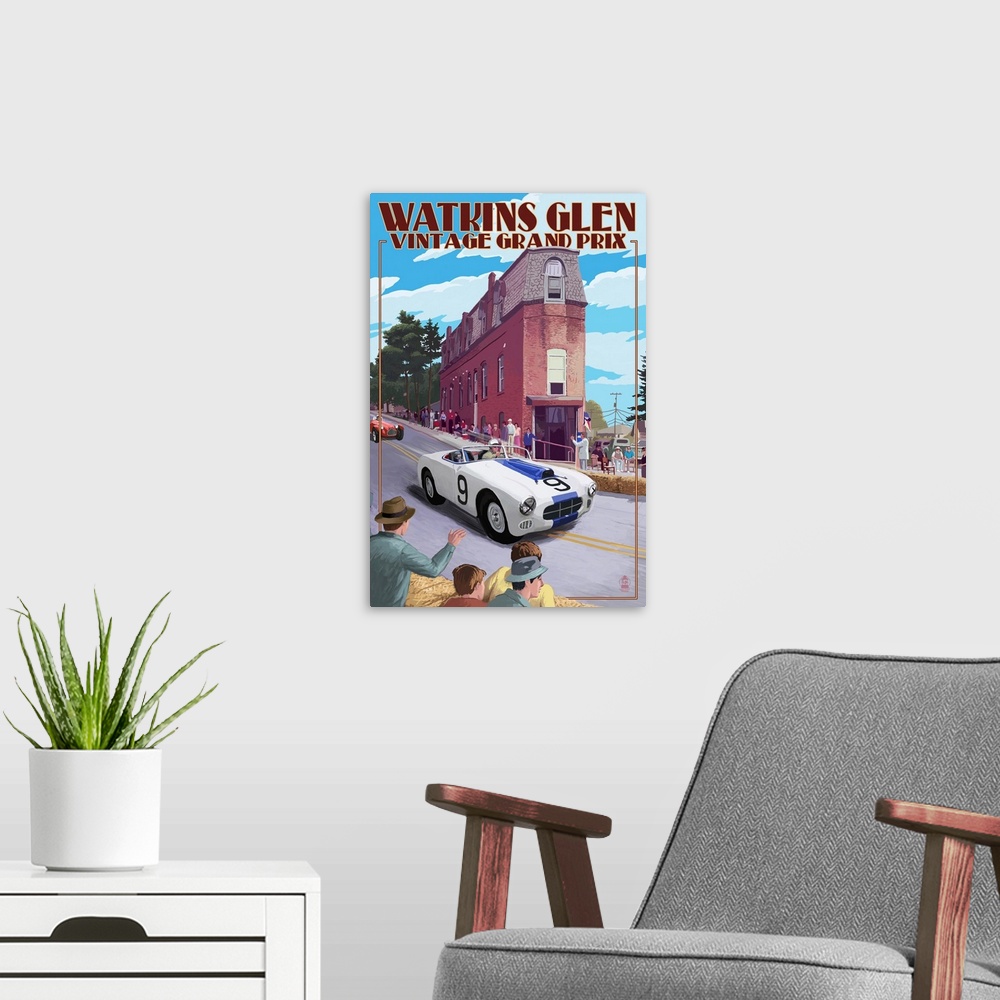 A modern room featuring Watkins Glen State Park, New York - Vintage Grand Prix: Retro Travel Poster