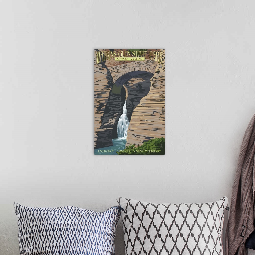 A bohemian room featuring Watkins Glen State Park, NY: Entrance Cascade and Sentry Bridge: Retro Travel Poster