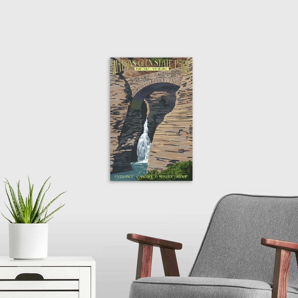 A modern room featuring Watkins Glen State Park, NY: Entrance Cascade and Sentry Bridge: Retro Travel Poster