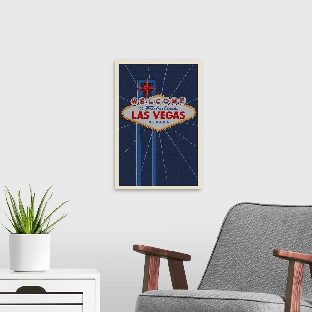 A modern room featuring Welcome to Las Vegas Sign - Letterpress: Retro Travel Poster
