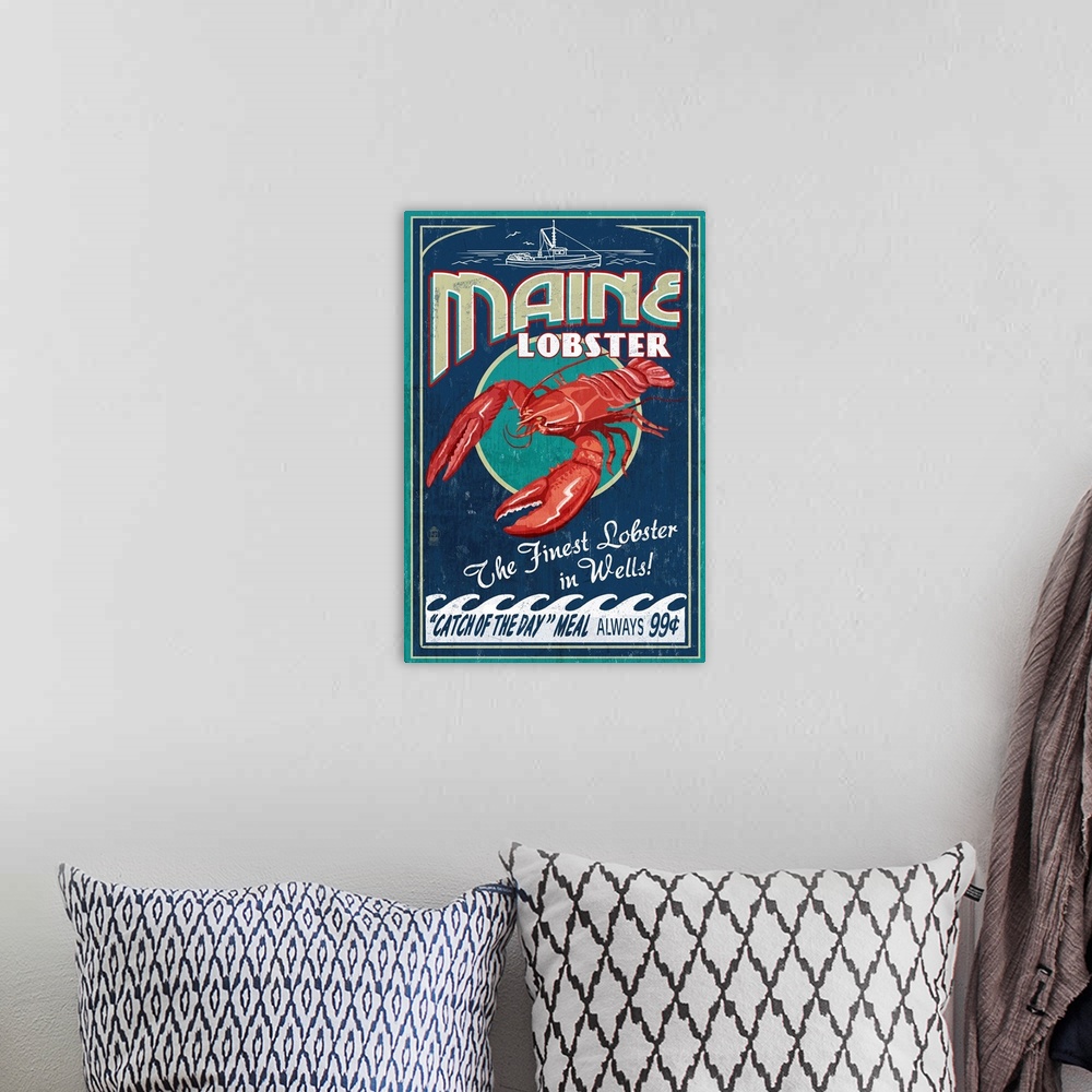 A bohemian room featuring Wells, Maine, Lobster Boat, Vintage Sign